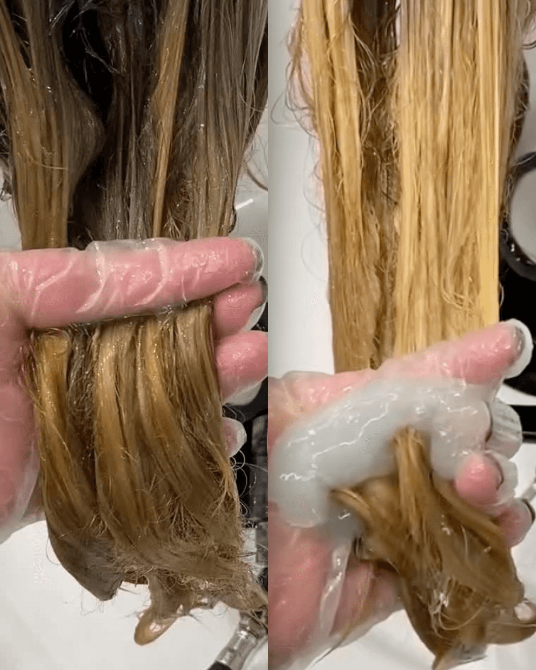 hand holding brassy blonde 4 steps before and after Photo courtesy of Mailbu C® (1)