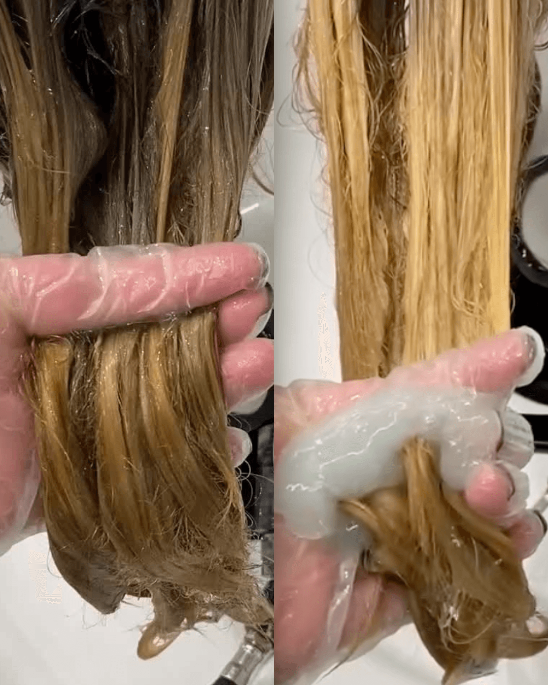 hand holding brassy blonde 4 steps before and after Photo courtesy of Mailbu C® (1)