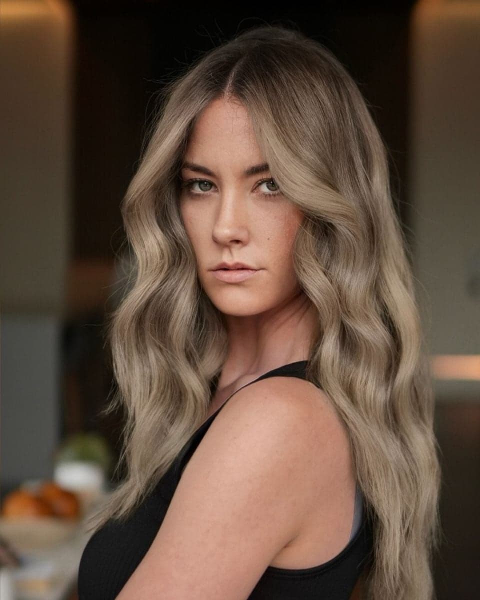 After photo of the client’s dimensional beige blonde gray blend with a soft shadow root, face-framing brightness and loose waves.