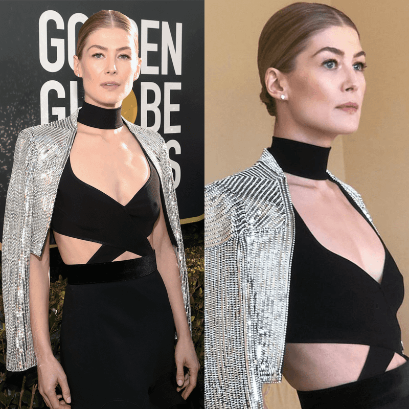 Celebrity Red Carpet Hair Golden Globes 2019 Rosamund Pike Bryce Scarlett Moroccanoil Low Chignon Bun