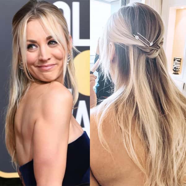 Aveda Christine Symonds @christinesymondshair Golden Globes Kaley Cuoco Half Up Hairstyle Styling Embellished Embellishments Twist Twisted