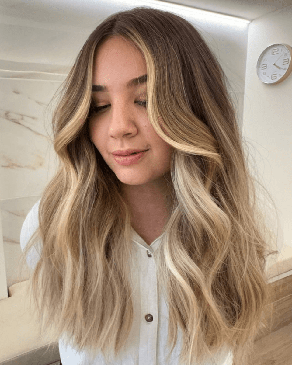 champagne blonde hair with soft waves on a model front view