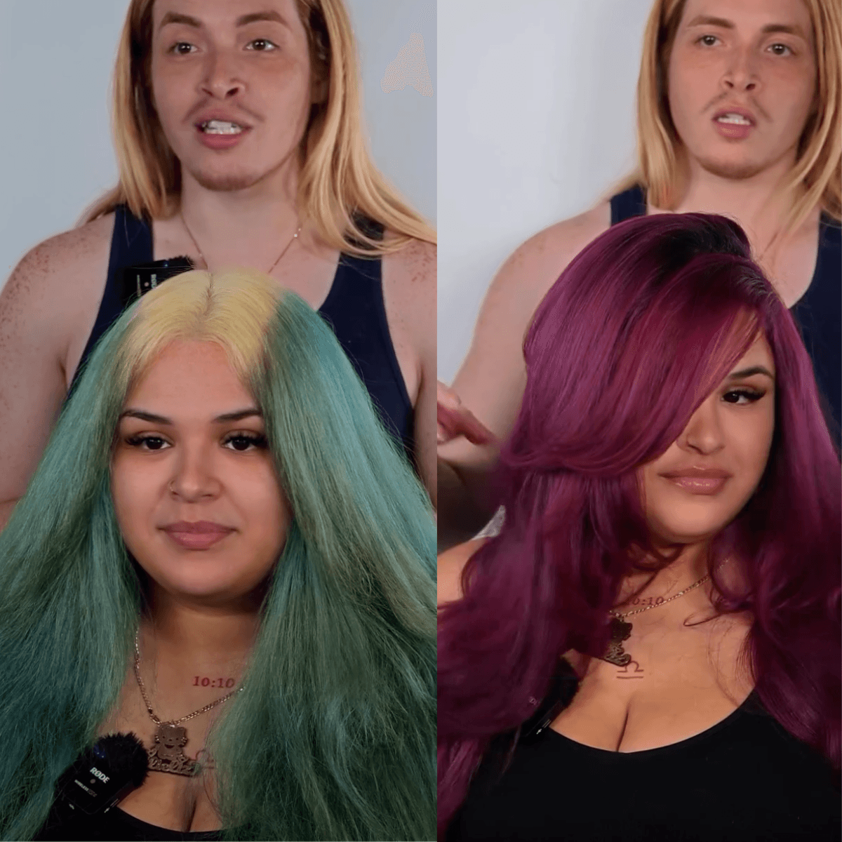 model with magenta hair with layers and long soft curls