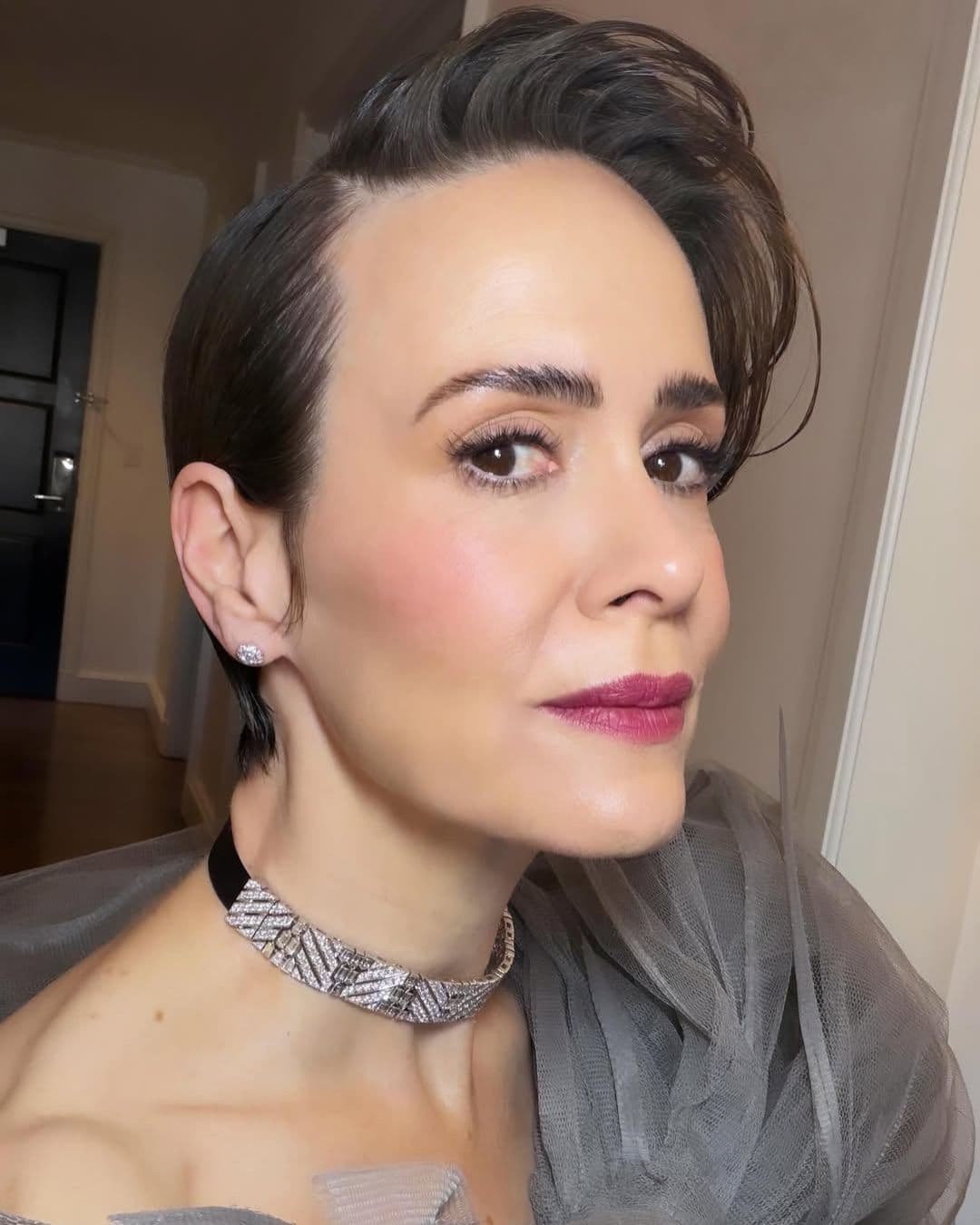 Sarah Paulson's Sculptural Pixie with Deep Side Part at the 2026 Met Gala
