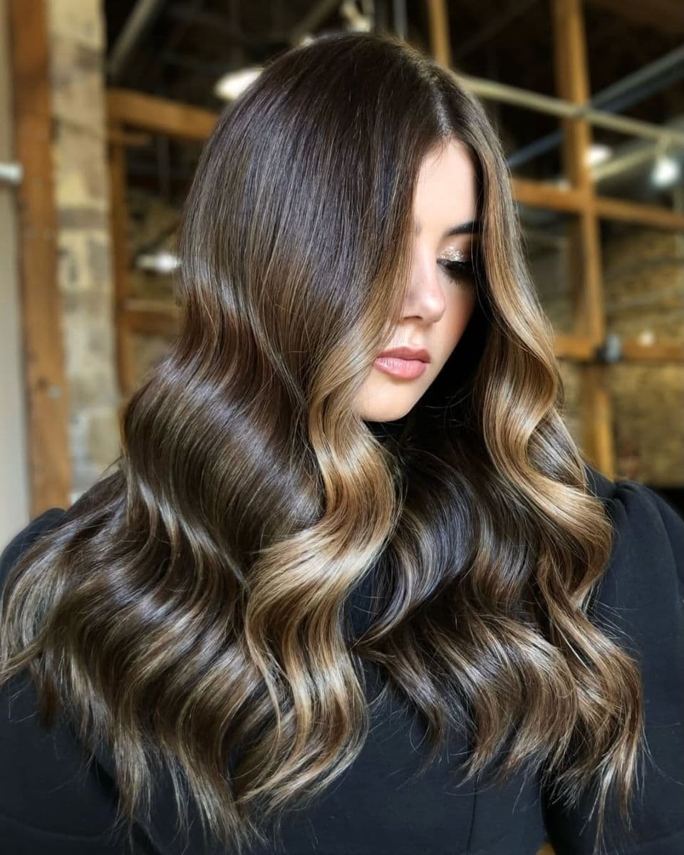 Finished luxury brunette color featuring rich chocolate brown tones, soft caramel ribbons and seamless lived-in dimension styled in glossy waves.