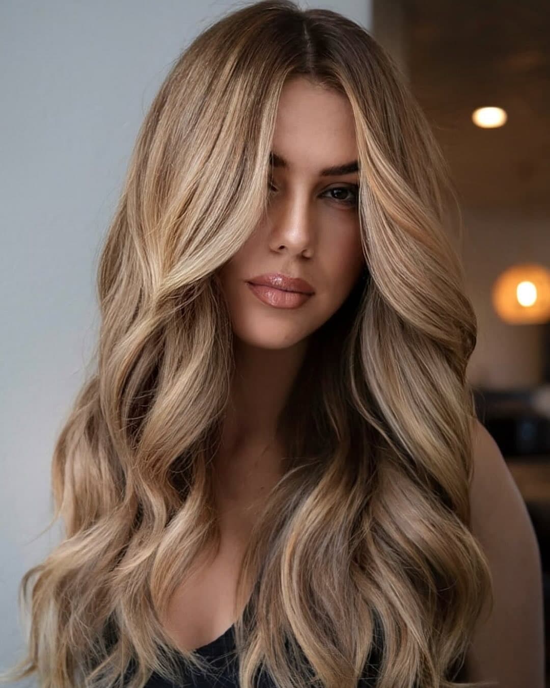 Long, dimensional honey bronde hair with a soft shadow root, seamless beige-blonde ribbons and face-framing highlights. Styled in loose waves to showcase lived-in blonde dimension and shine.