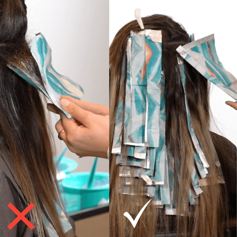 Side-by-side comparison showing incorrect versus correct foil placement during a highlighting service. The left image, marked with a red X, shows a foil folded improperly, while the right image, marked with a white checkmark, shows neatly aligned foils placed flat against the head for clean, consistent results.