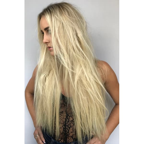Hotheads Hair Extensions Facebook Live Tape In Application Long Layered Shag Cut How To Mickey Colon Jr. @mickeycolonjr Kristen Colon @kristenmcolon After Blonde Textured Movement