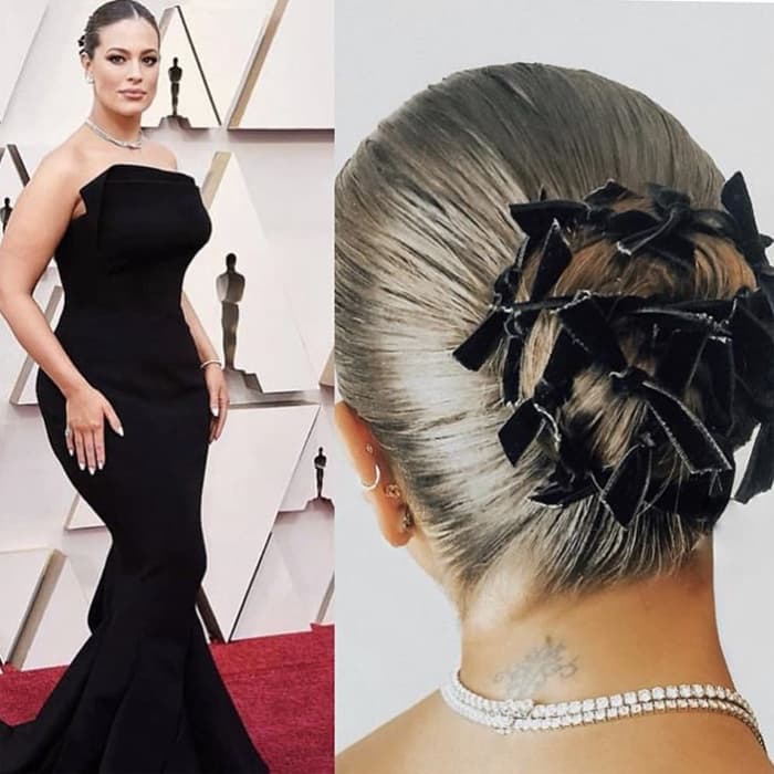 ashley graham 2019 oscars hair academy awards justine marjan bow bun
