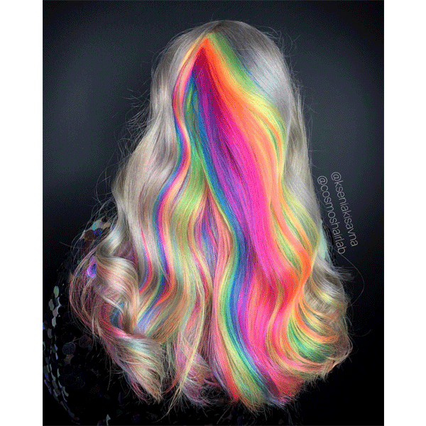 peak a boo, long hair, blonde, neon hair, hair color