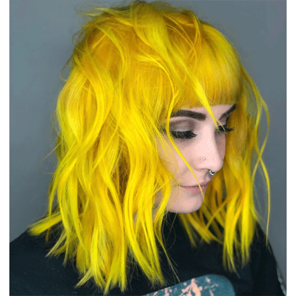 yellow hair, hair color, bangs, lob