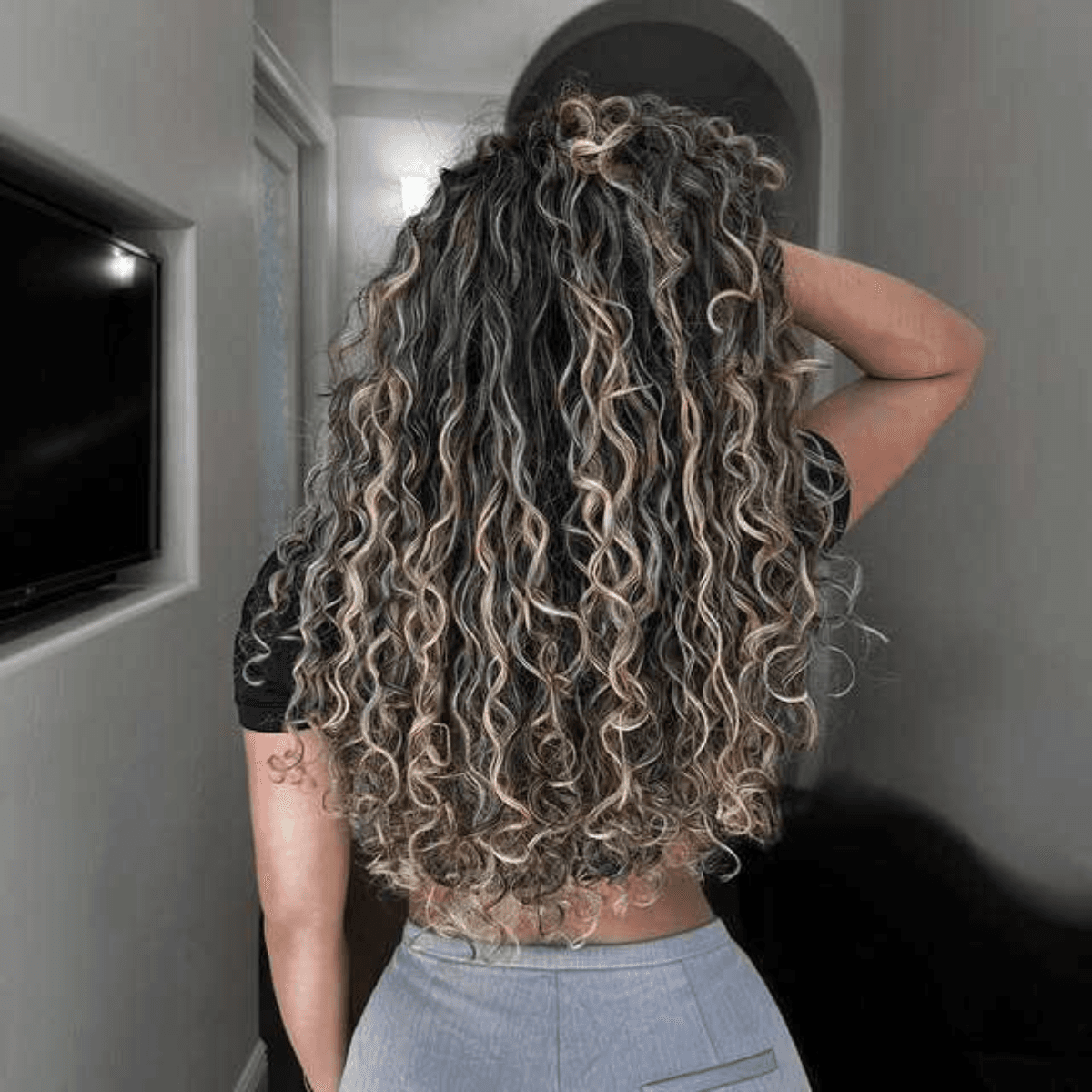 Curly bronde hair with high-contrast highlights on dark, natural curls.