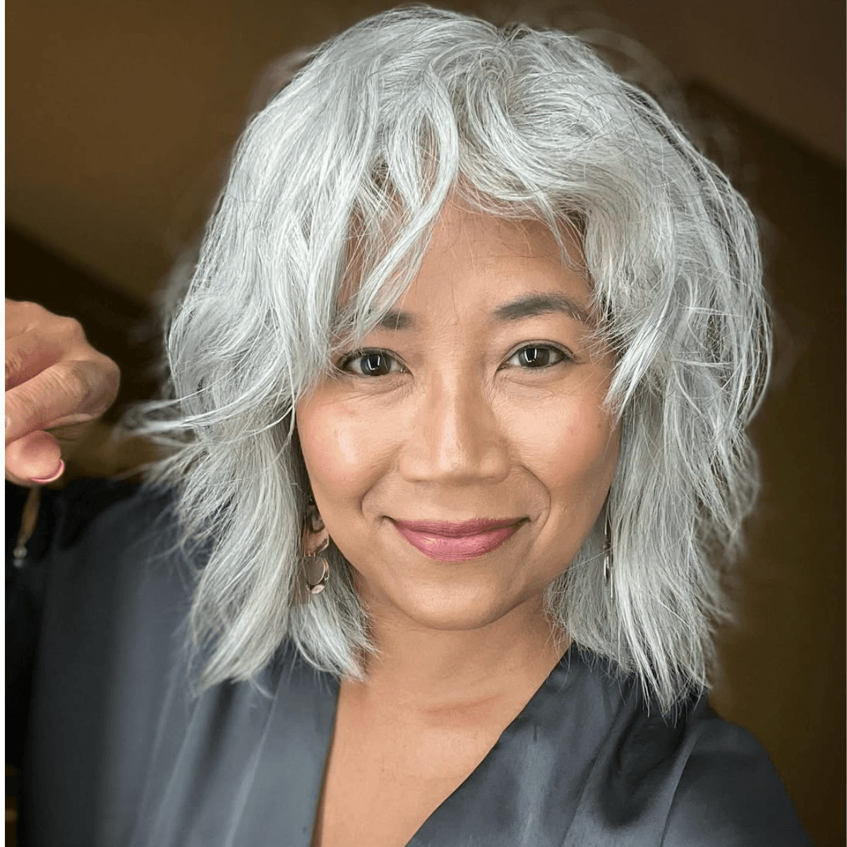medium length gray textured shag