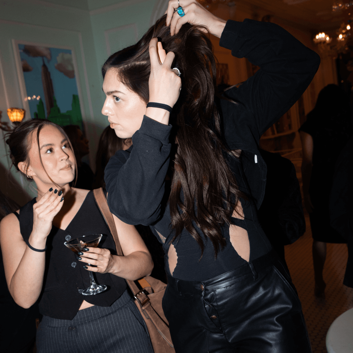 style collection event girl with brown hair trying the products