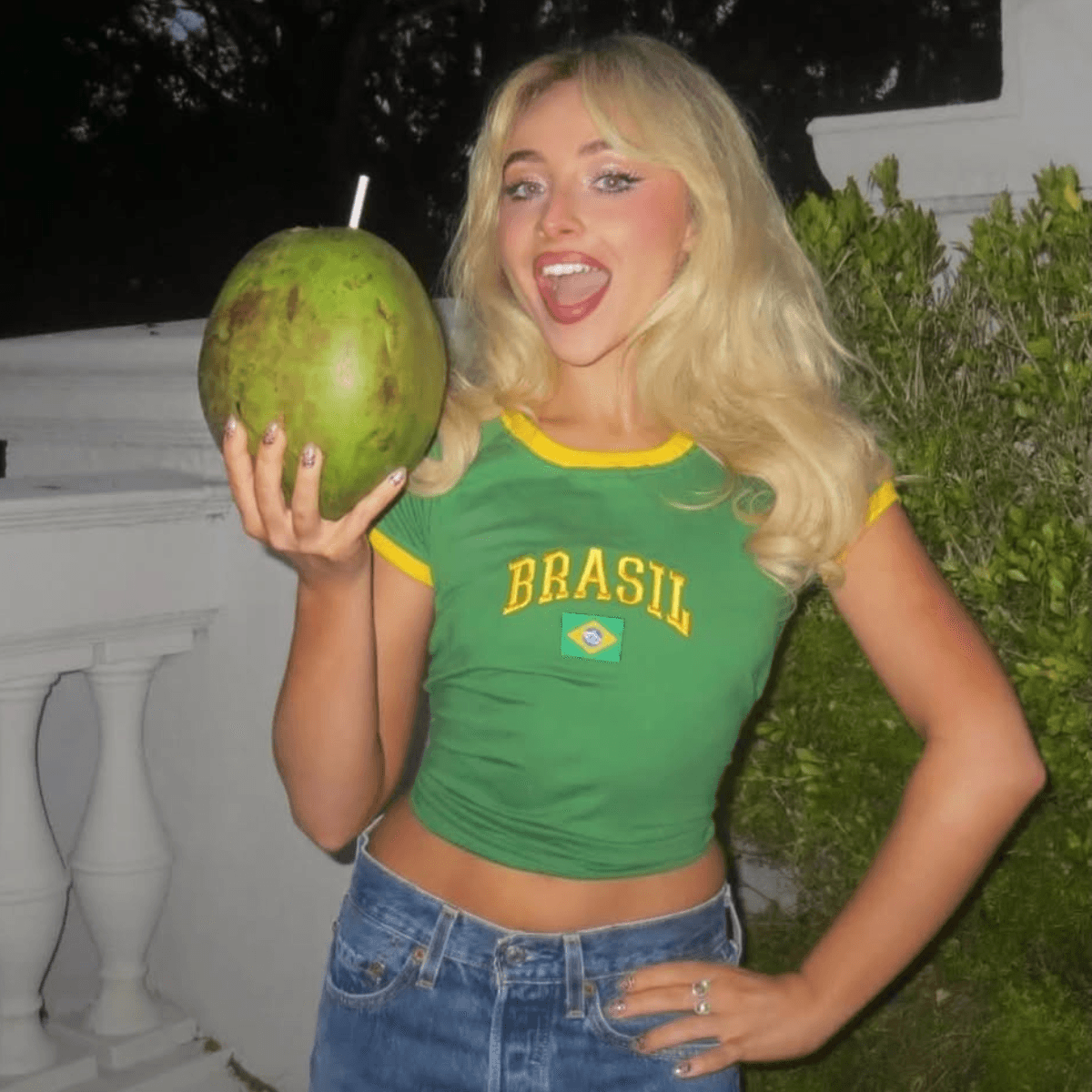sabrina carpenter blonde sabrina in a brazil shirt Sabrina Carpenter Photo Credit Instagram via @_hairbylaurie